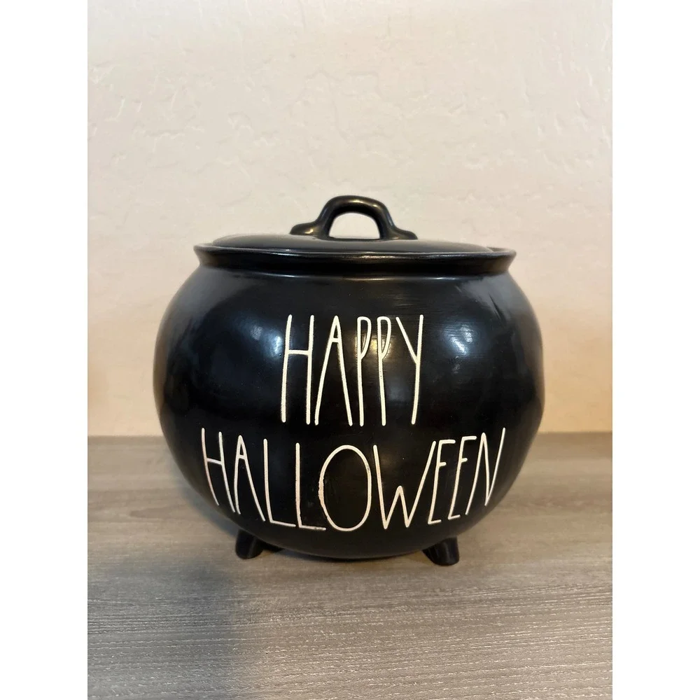 Rae Dunn Happy Halloween Black Cauldron Ceramic Canister Cookie Jar with Lid